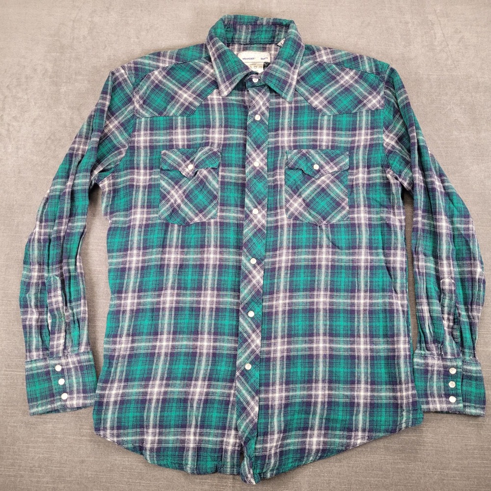 Wrangler Wrancher‎ Vintage Y2K Western Flannel Shirt Plaid Long Sleeve Green L